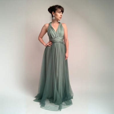 KOMPLET dlouhých šatů Bohème Convertibles® NILPLA® v mátové barvě a mátové tylové sukně