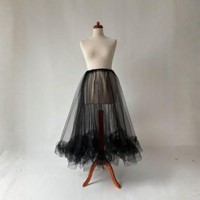 Řasená midi tylová sukně, černá