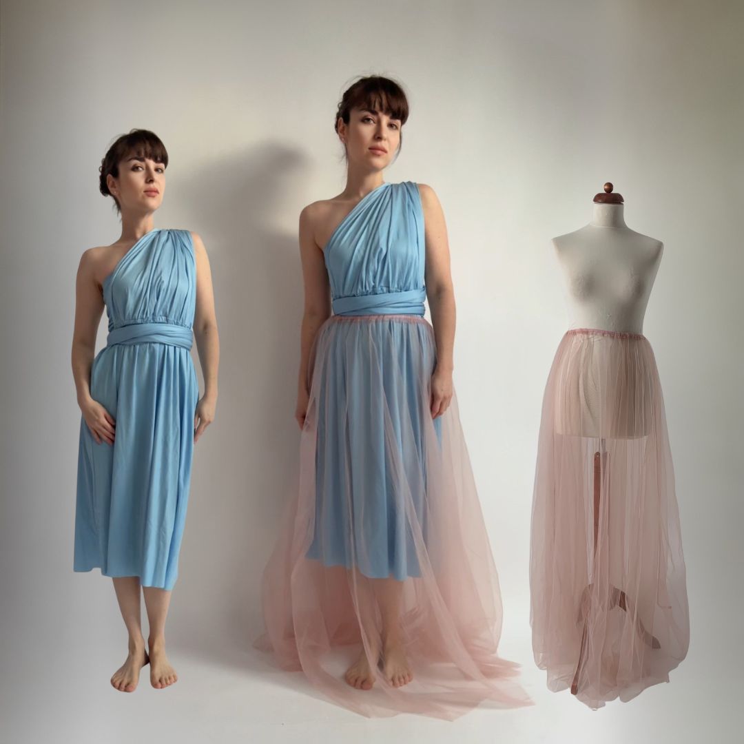 Světle modré midi NILPLA šaty a dlouhá tylová sukně