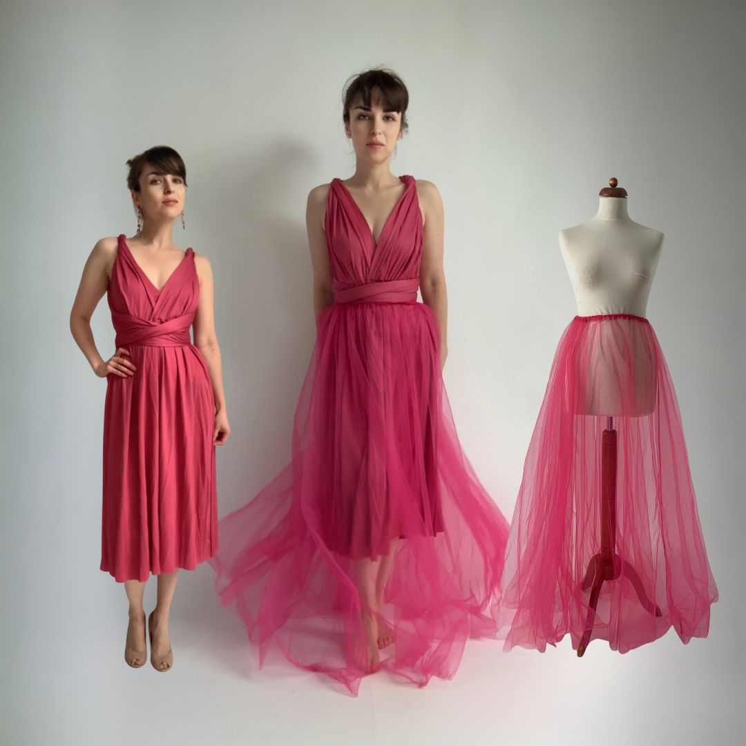 Magenta midi NILPLA šaty a dlouhá tylová sukně