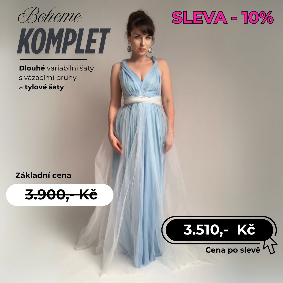 Světle modré šaty a bílé tylové šaty