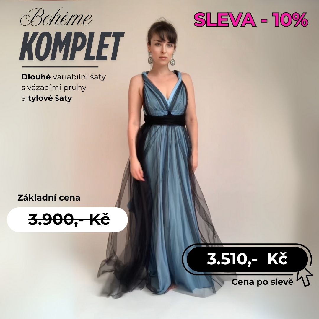 Světle modré šaty a černé tylové šaty